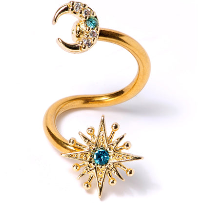 14G 3/8 Clear Blue Gem Gold Tone Moon Star Spiral Twister Belly Ring