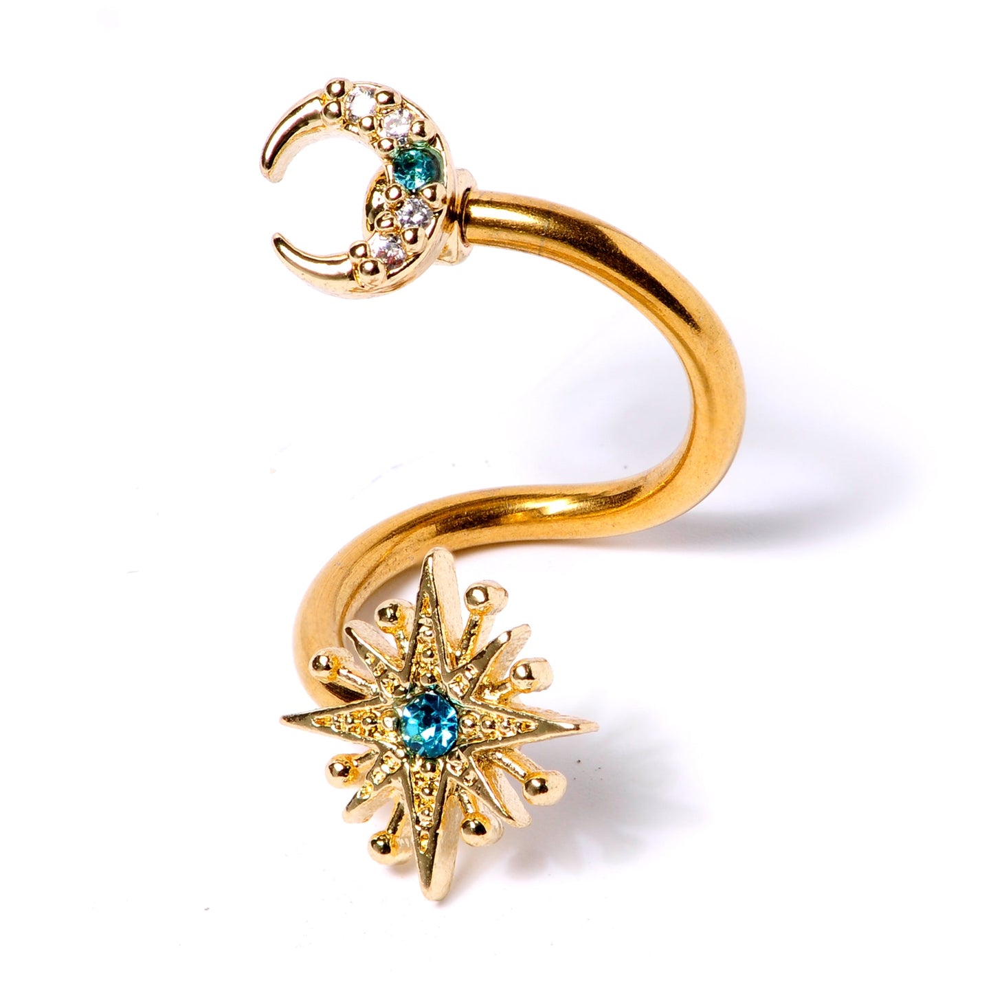 14G 3/8 Clear Blue Gem Gold Tone Moon Star Spiral Twister Belly Ring