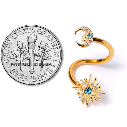 14G 3/8 Clear Blue Gem Gold Tone Moon Star Spiral Twister Belly Ring