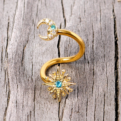 14G 3/8 Clear Blue Gem Gold Tone Moon Star Spiral Twister Belly Ring