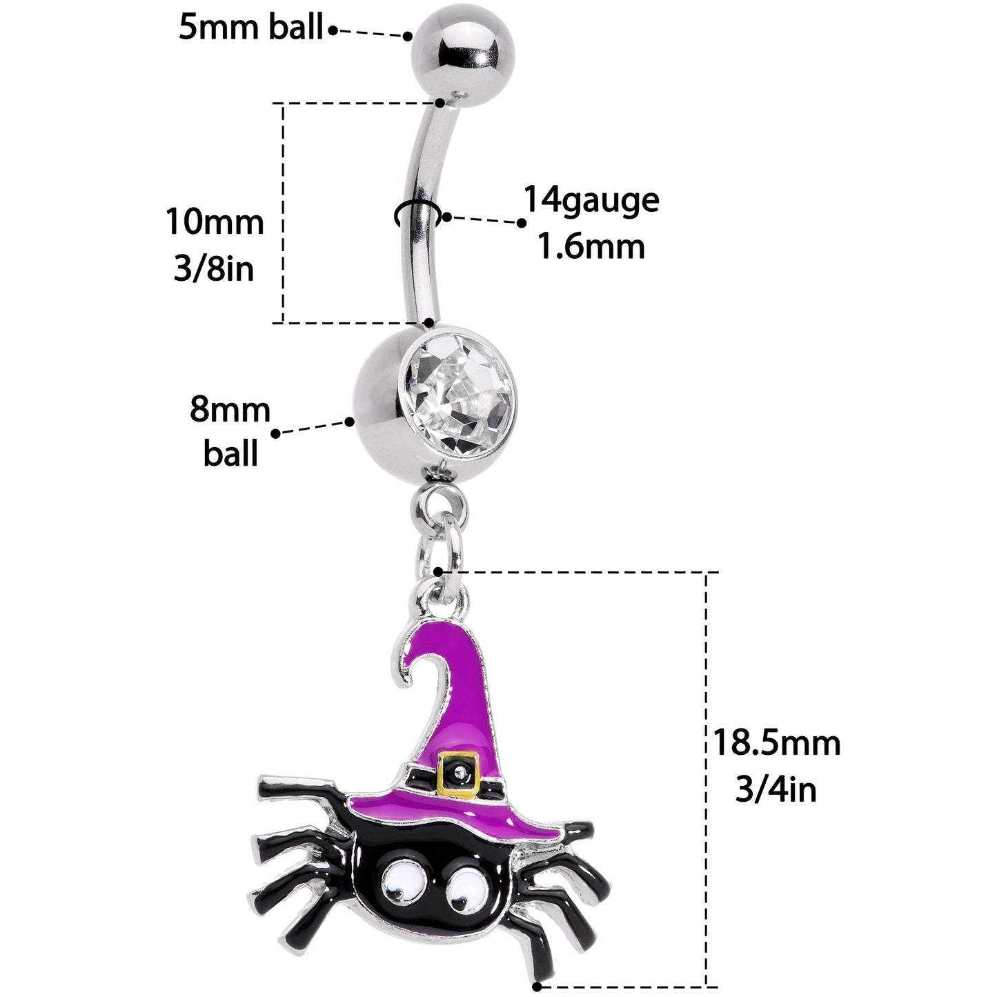 Clear Gem Black Purple Witchy Spider Halloween Dangle Belly Ring
