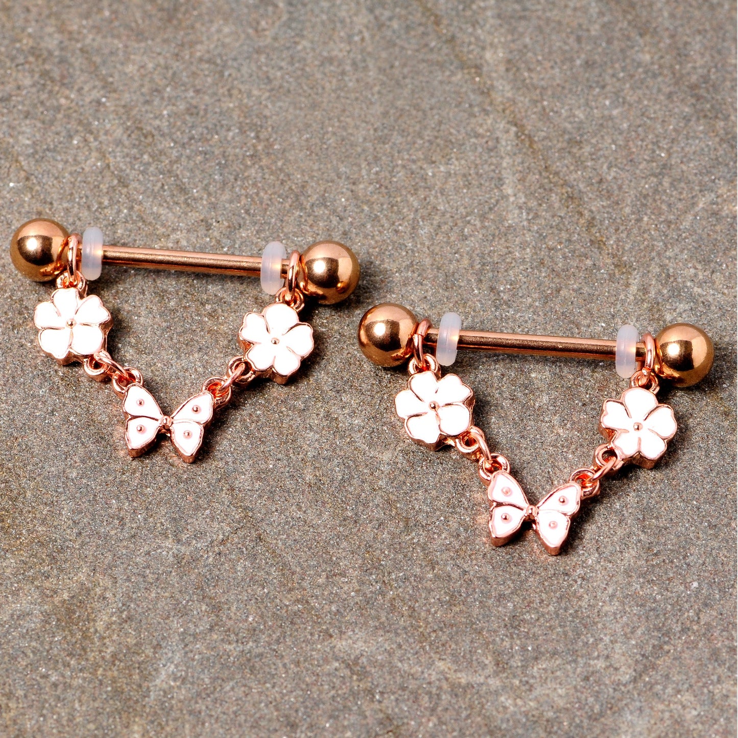 14G 5/8 Gold Tone White Flower Butterfly Dangle Nipple Ring Set