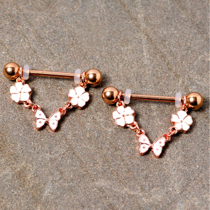 14G 5/8 Gold Tone White Flower Butterfly Dangle Nipple Ring Set