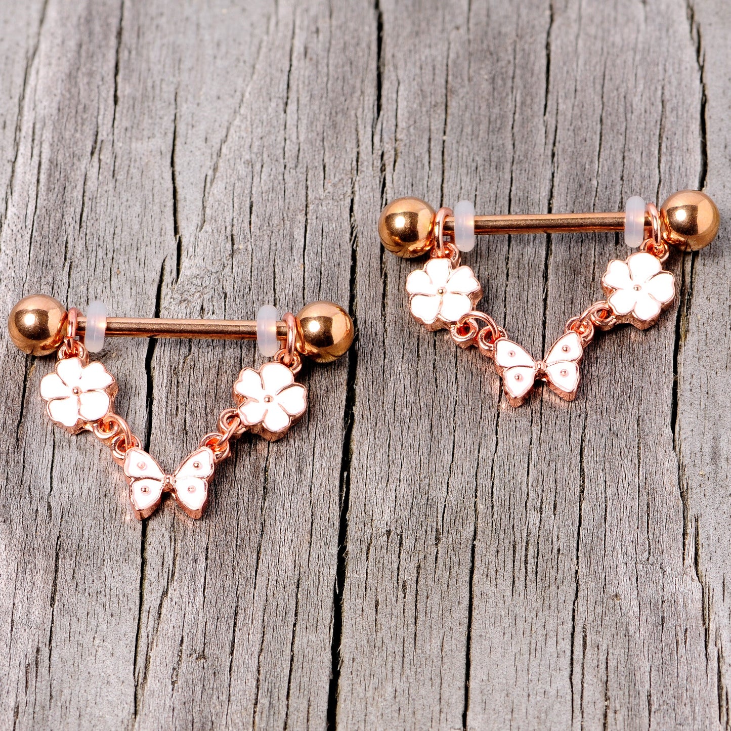 14G 5/8 Gold Tone White Flower Butterfly Dangle Nipple Ring Set