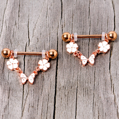 14G 5/8 Gold Tone White Flower Butterfly Dangle Nipple Ring Set