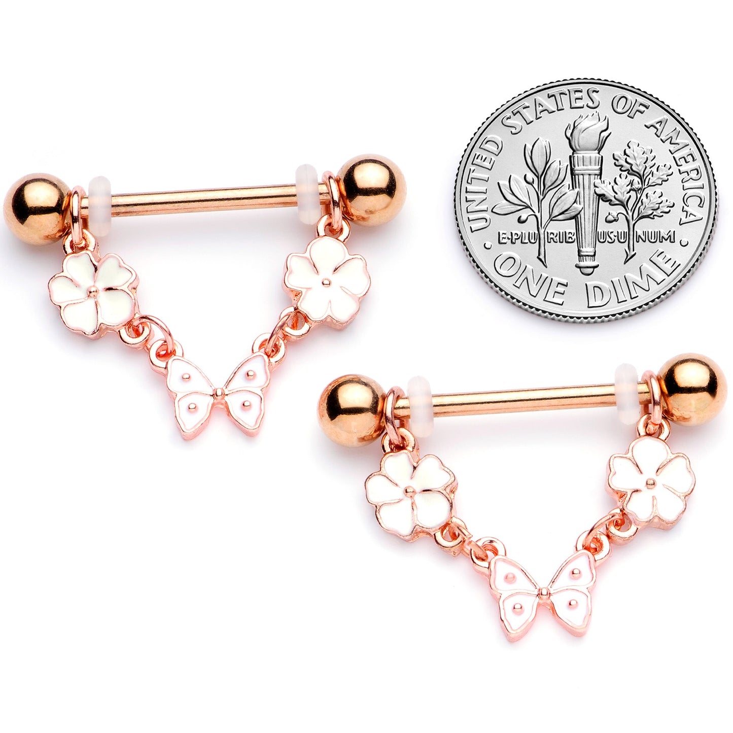 14G 5/8 Gold Tone White Flower Butterfly Dangle Nipple Ring Set