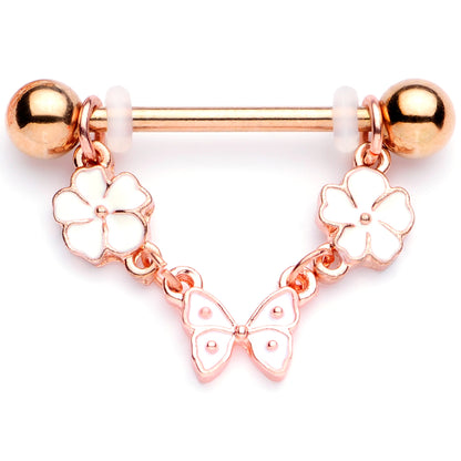 14G 5/8 Gold Tone White Flower Butterfly Dangle Nipple Ring Set