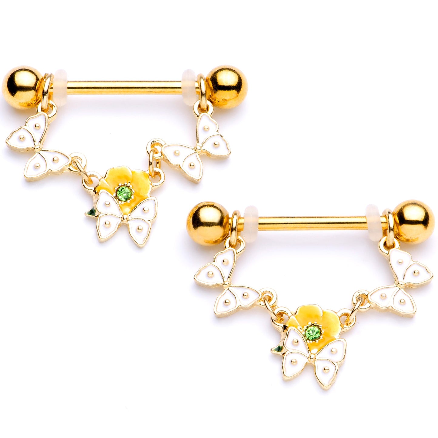 14G 5/8 Green Gem Gold Tone Butterfly Dangle Nipple Ring Set