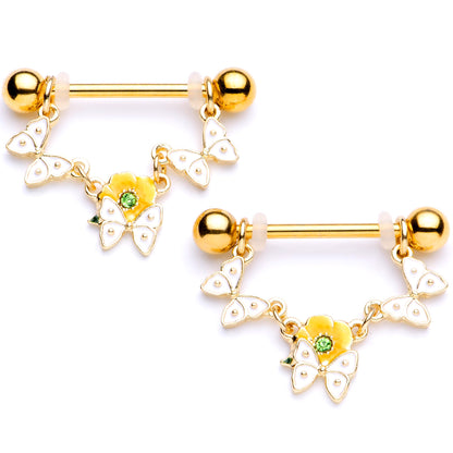 14G 5/8 Green Gem Gold Tone Butterfly Dangle Nipple Ring Set