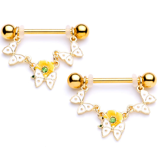14G 5/8 Green Gem Gold Tone Butterfly Dangle Nipple Ring Set
