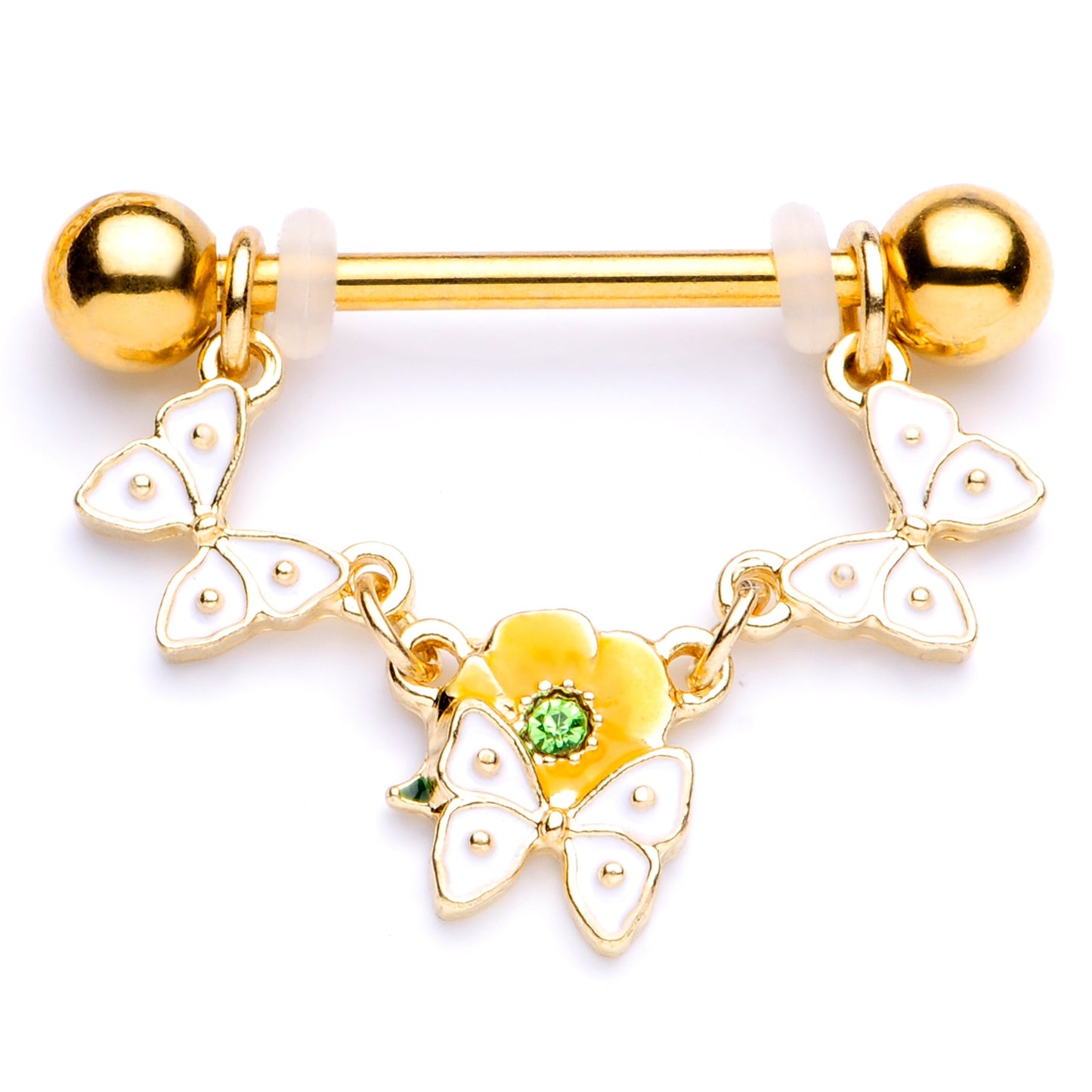 14G 5/8 Green Gem Gold Tone Butterfly Dangle Nipple Ring Set