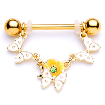 14G 5/8 Green Gem Gold Tone Butterfly Dangle Nipple Ring Set