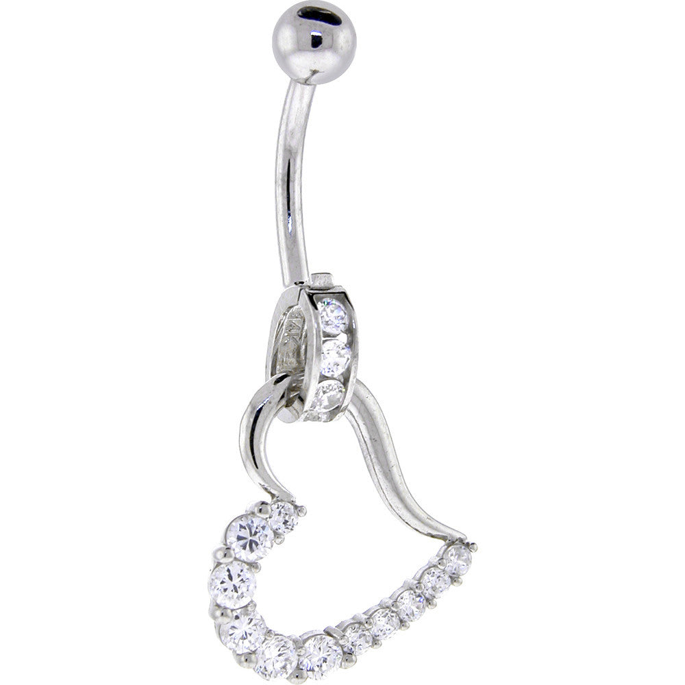 16G Solid 14K White Gold Cubic Zirconia  HOLLOW HEART CHARM Belly Ring