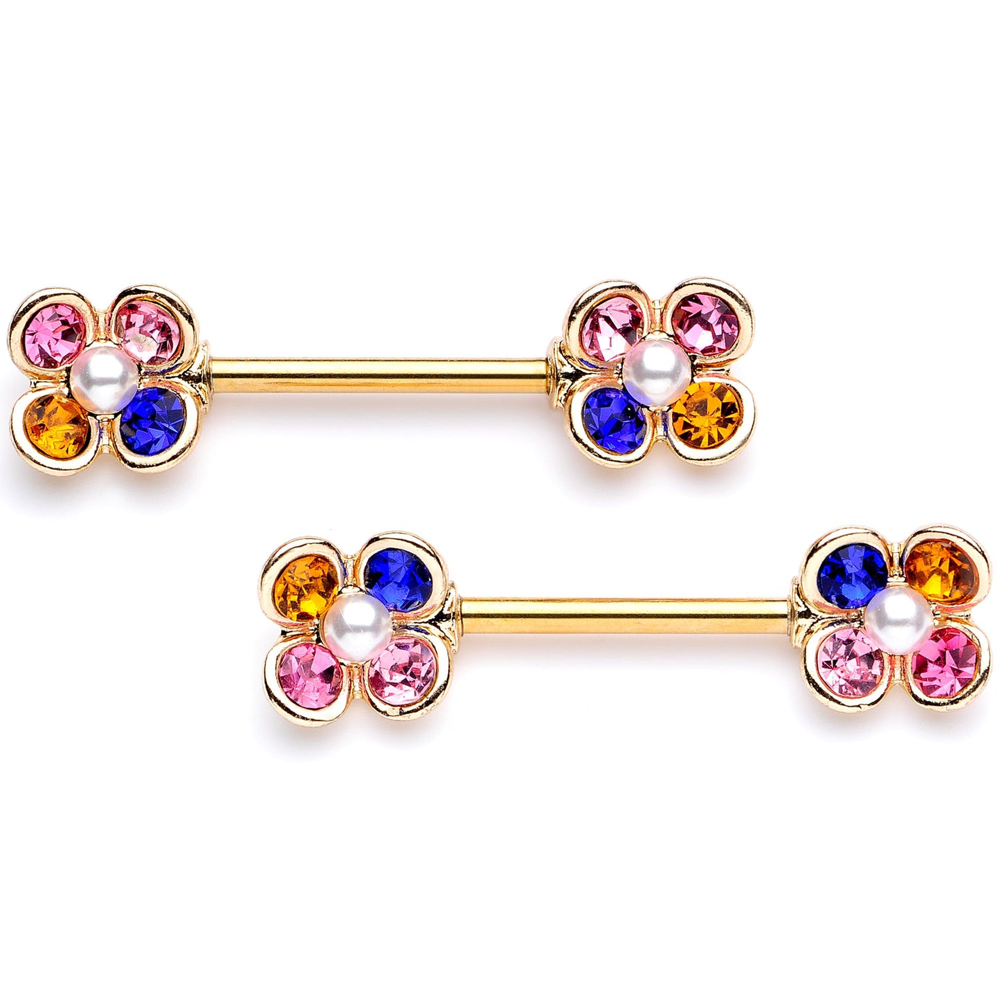 14G 9/16 Pink Blue Gem Gold Tone Flower Barbell Nipple Ring Set