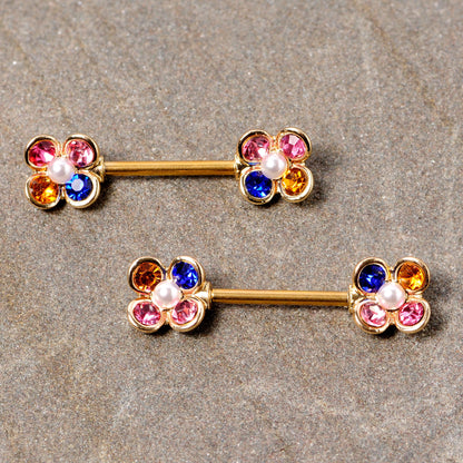 14G 9/16 Pink Blue Gem Gold Tone Flower Barbell Nipple Ring Set