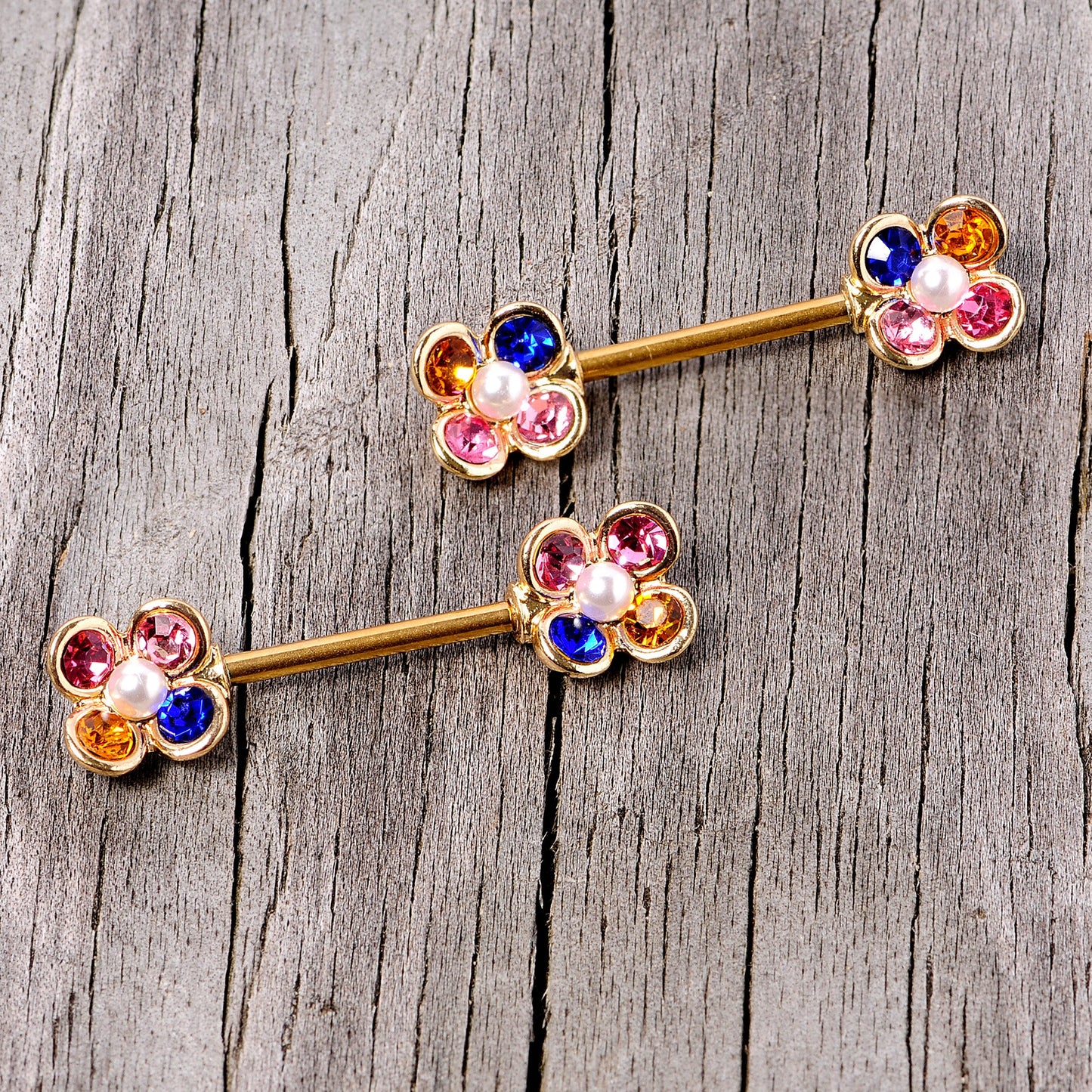 14G 9/16 Pink Blue Gem Gold Tone Flower Barbell Nipple Ring Set