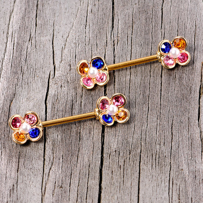 14G 9/16 Pink Blue Gem Gold Tone Flower Barbell Nipple Ring Set