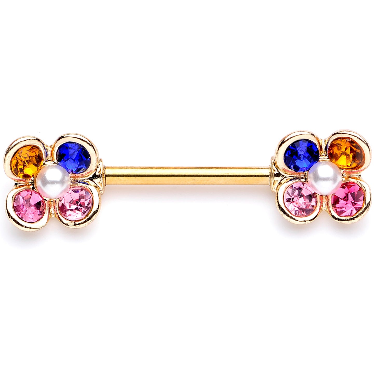 14G 9/16 Pink Blue Gem Gold Tone Flower Barbell Nipple Ring Set