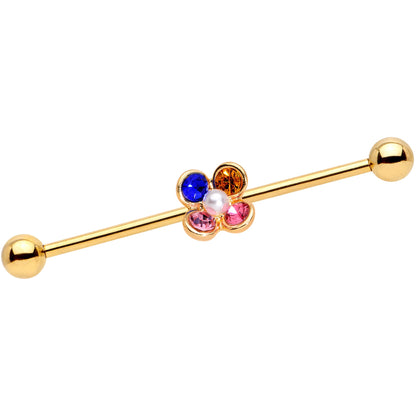 14G Pink Blue Yellow Gem Gold Tone Flower Industrial Barbell 38mm