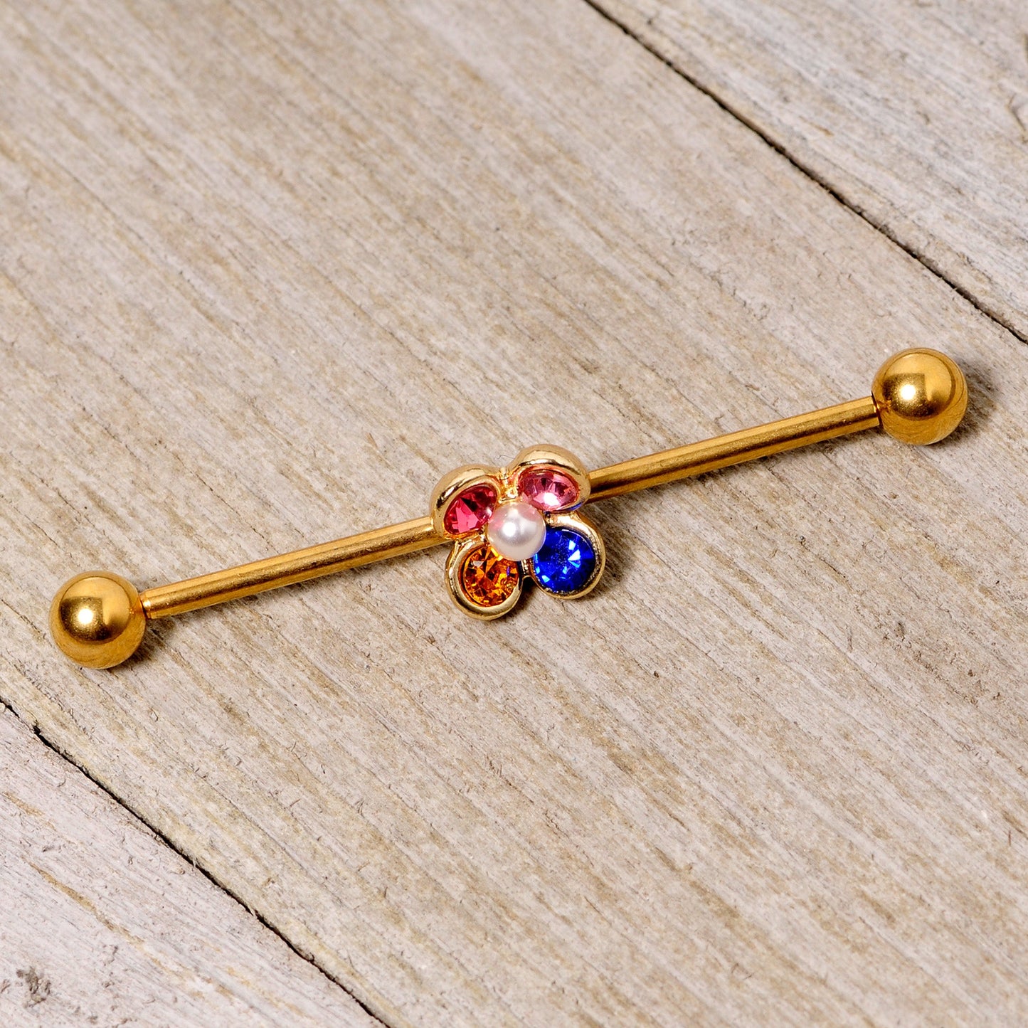 14G Pink Blue Yellow Gem Gold Tone Flower Industrial Barbell 38mm