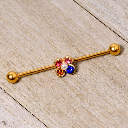 14G Pink Blue Yellow Gem Gold Tone Flower Industrial Barbell 38mm