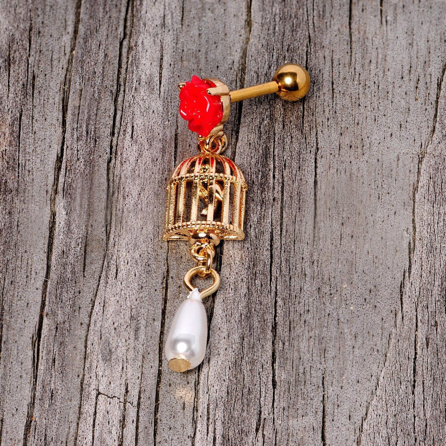 16G 1/4 Red Flower Gold Tone Birdcage Dangle Cartilage Tragus