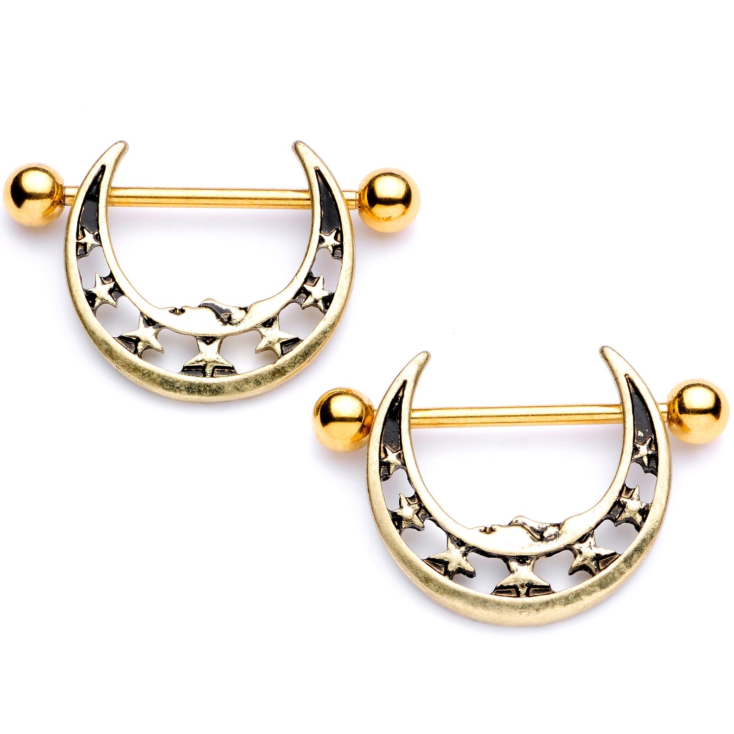 14G 7/8 Gold Tone Starry Crescent Moon Nipple Shield Set