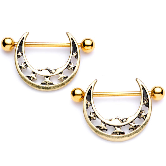 14G 7/8 Gold Tone Starry Crescent Moon Nipple Shield Set