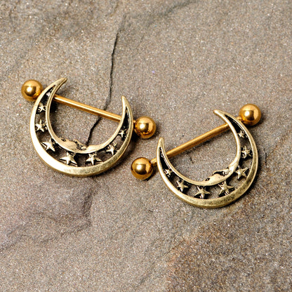 14G 7/8 Gold Tone Starry Crescent Moon Nipple Shield Set