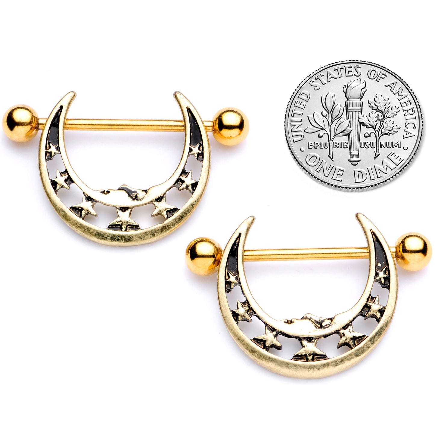 14G 7/8 Gold Tone Starry Crescent Moon Nipple Shield Set