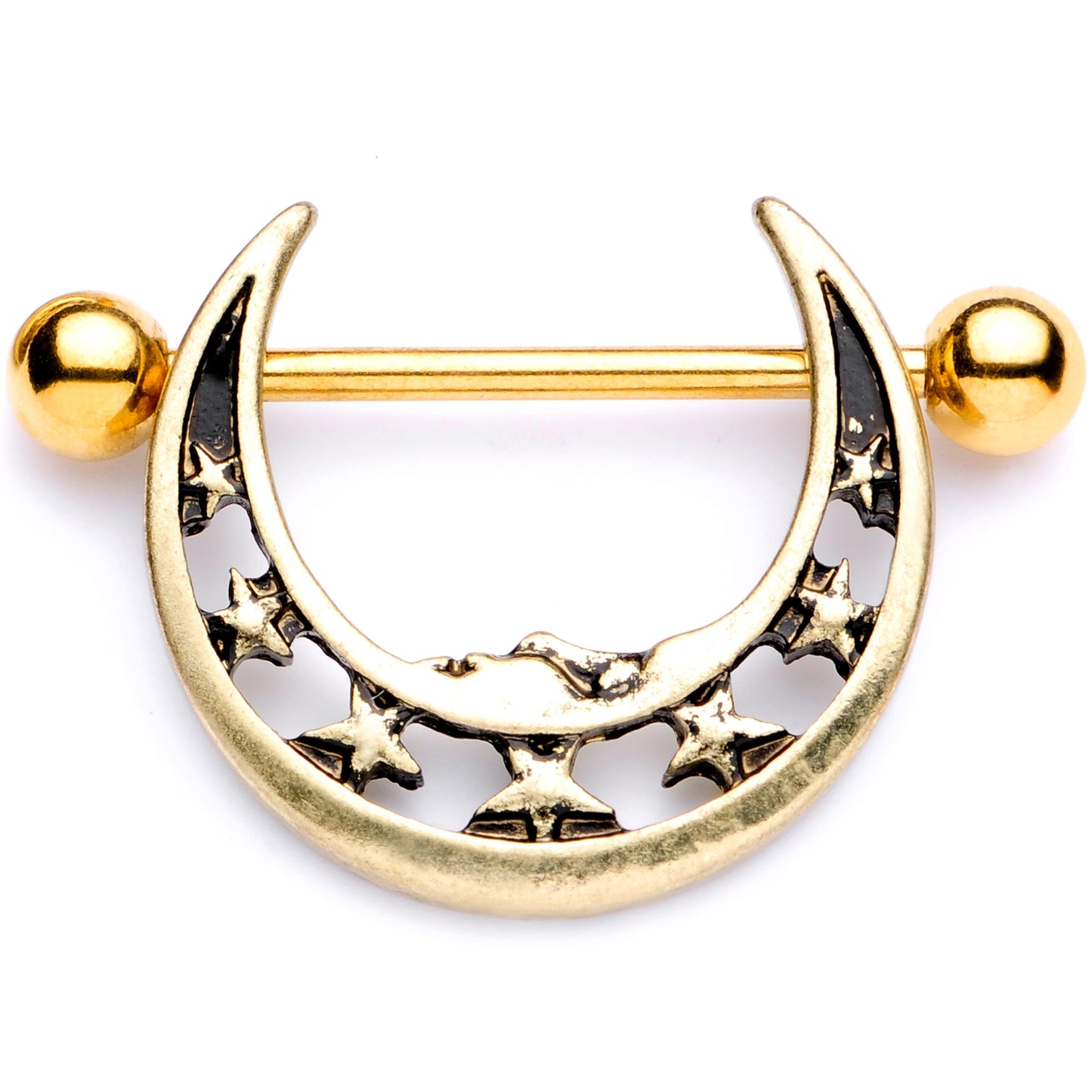 14G 7/8 Gold Tone Starry Crescent Moon Nipple Shield Set