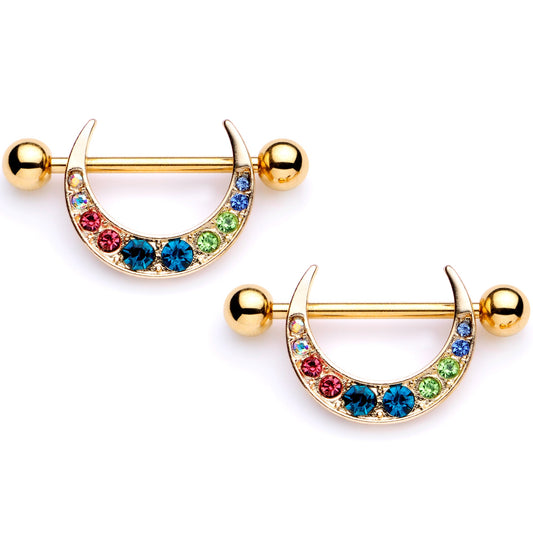 14G 7/8 Multicolor Gem Gold Tone Crescent Nipple Shield Set