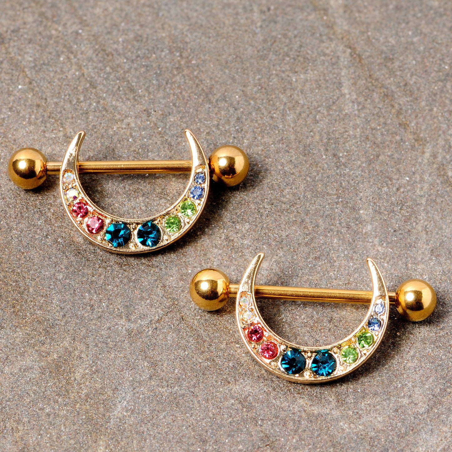 14G 7/8 Multicolor Gem Gold Tone Crescent Nipple Shield Set