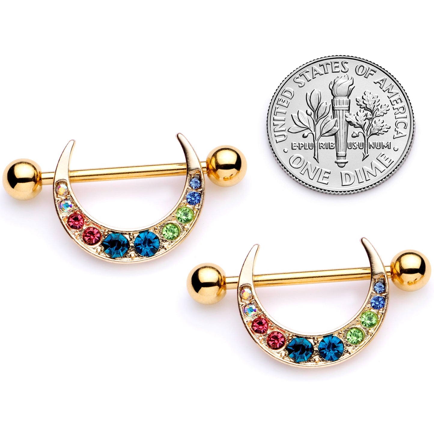 14G 7/8 Multicolor Gem Gold Tone Crescent Nipple Shield Set