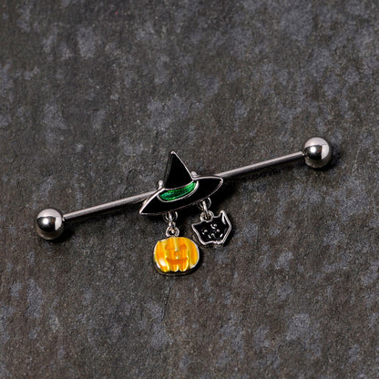 14G Black Cat Witch Hat Halloween Dangle Industrial Barbell 38mm