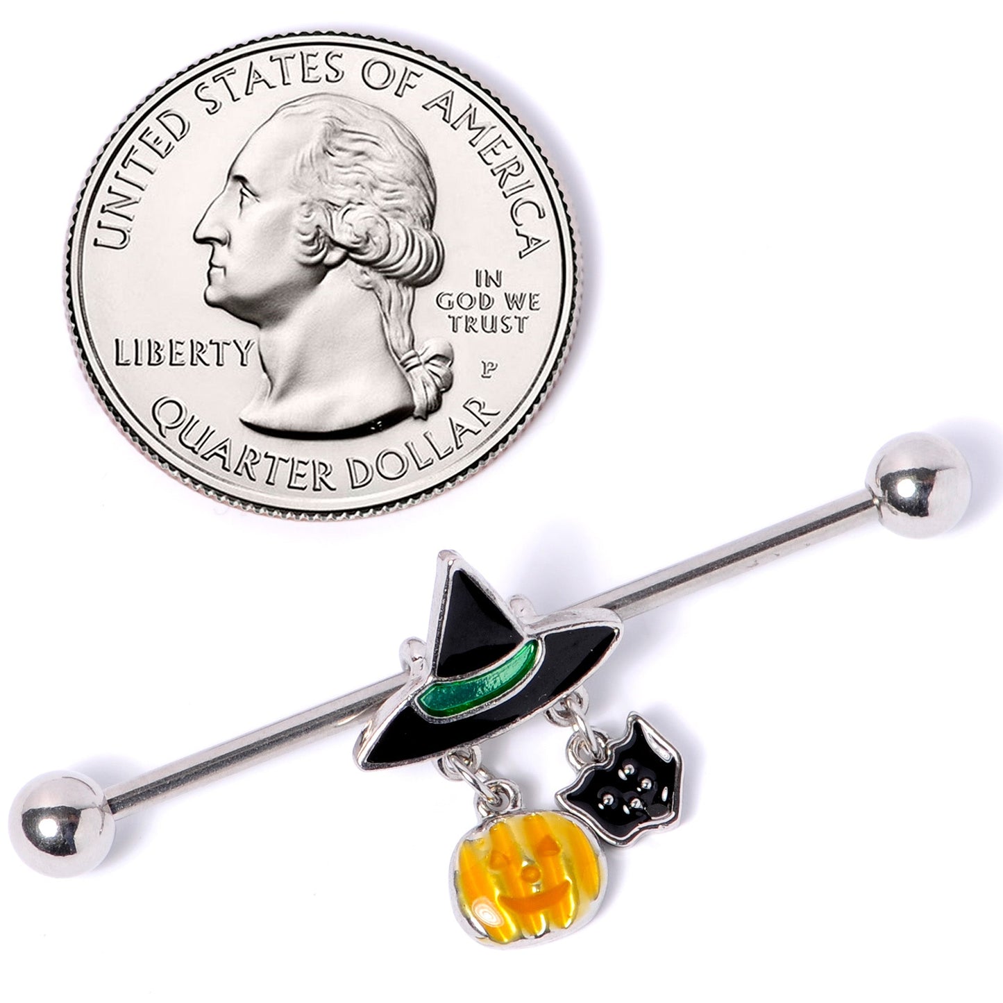 14G Black Cat Witch Hat Halloween Dangle Industrial Barbell 38mm