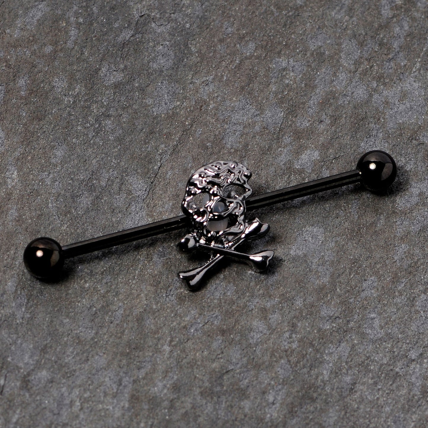 14G Black Skull and Crossbones Halloween Industrial Barbell 38mm