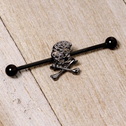 14G Black Skull and Crossbones Halloween Industrial Barbell 38mm