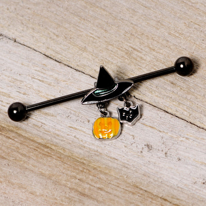14G Black Cat Witch Hat Black Halloween Industrial Barbell 38mm