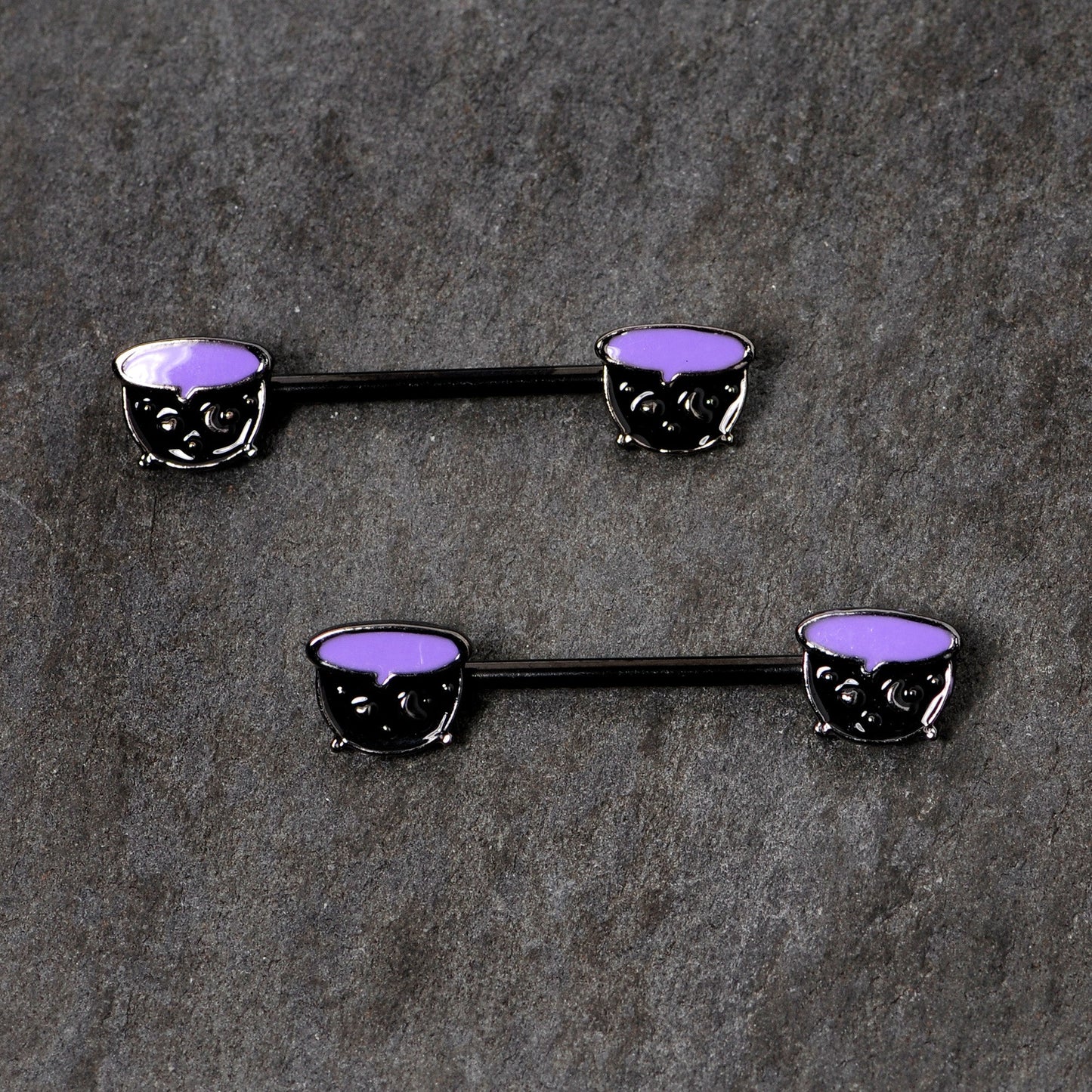 14G 11/16 Black Purple Cauldron Halloween Barbell Nipple Ring Set
