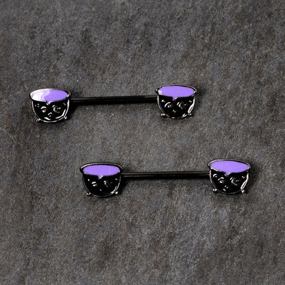 14G 11/16 Black Purple Cauldron Halloween Barbell Nipple Ring Set