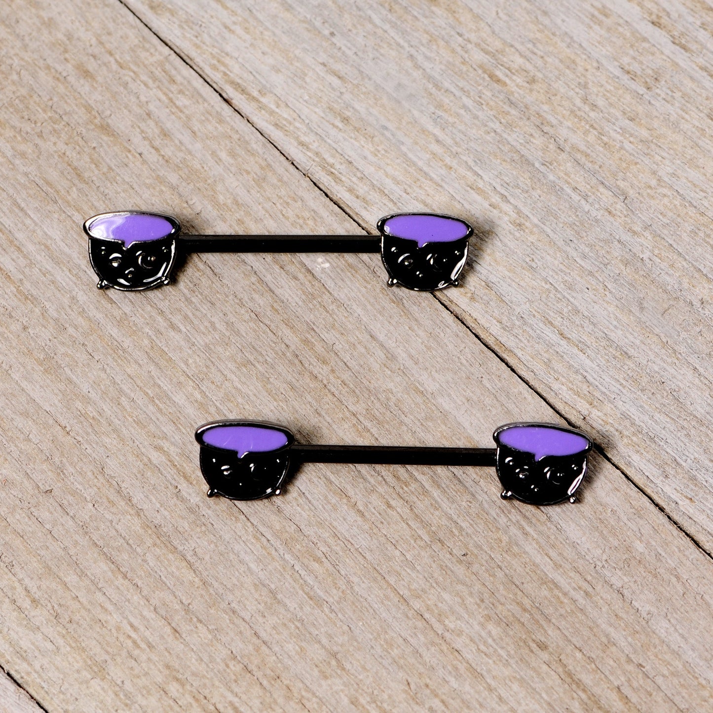 14G 11/16 Black Purple Cauldron Halloween Barbell Nipple Ring Set