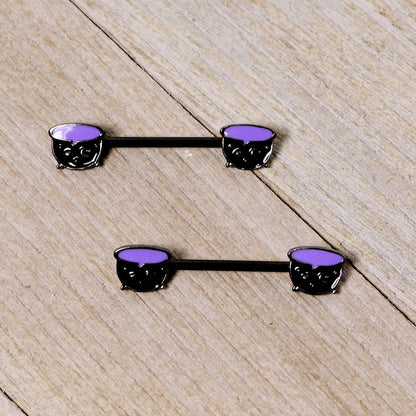 14G 11/16 Black Purple Cauldron Halloween Barbell Nipple Ring Set