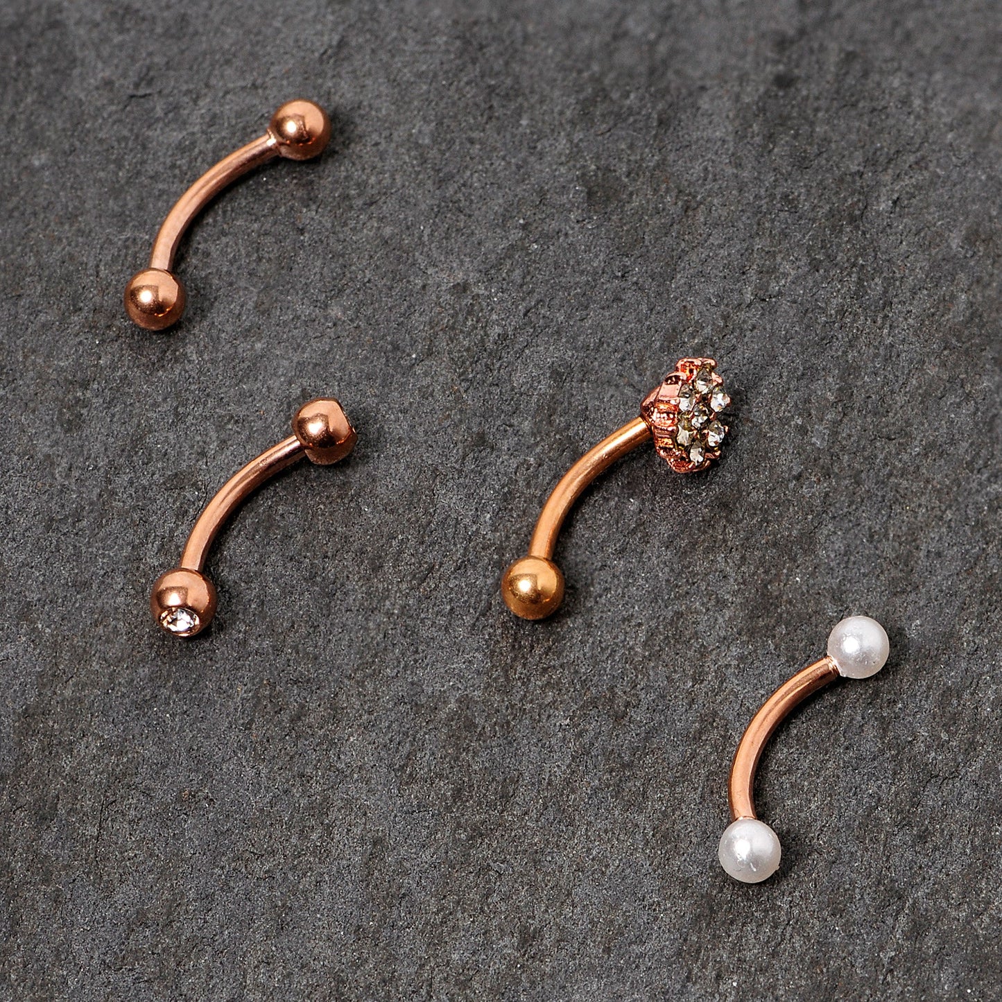 16G 5/16 Clear Gem Rose Gold Tone Curved Eyebrow Ring Set of 4