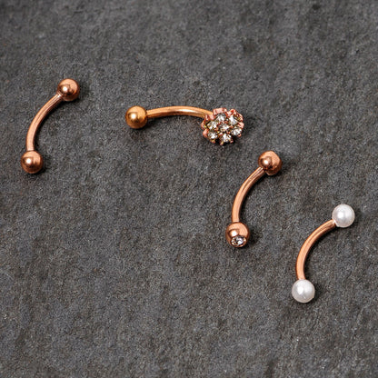 16G 5/16 Clear Gem Rose Gold Tone Curved Eyebrow Ring Set of 4