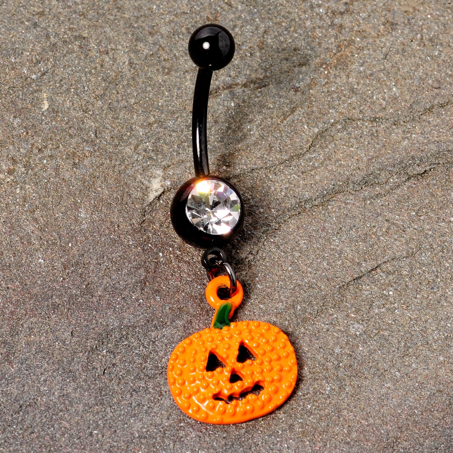 Clear Gem Black Orange Pumpkin Halloween Dangle Belly Ring