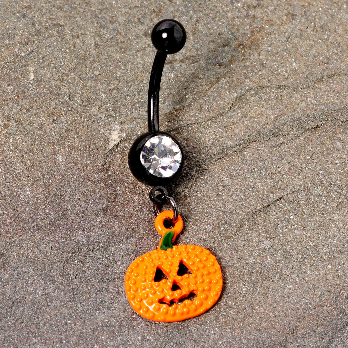 Clear Gem Black Orange Pumpkin Halloween Dangle Belly Ring