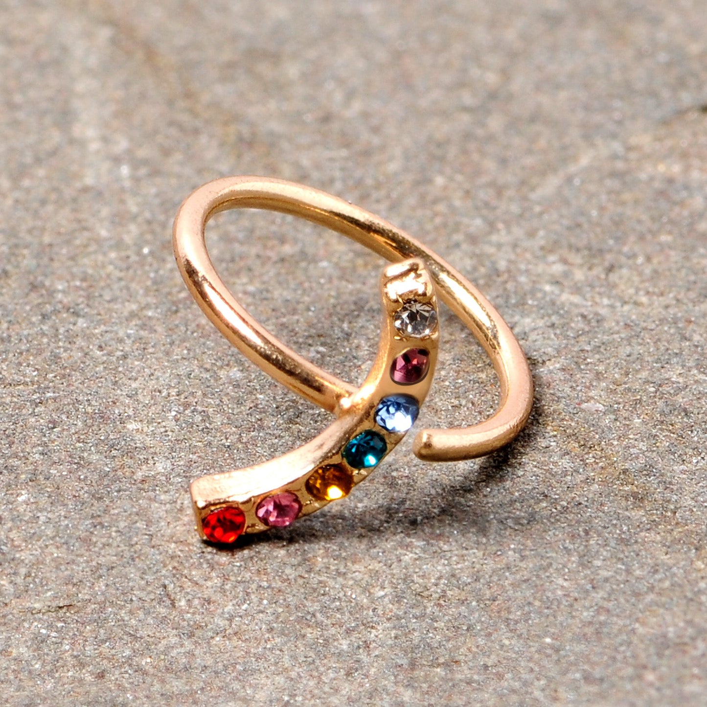 18G 3/8 Red Blue CZ Gem Gold Tone Rainbow Arc Nose Hoop