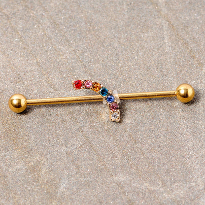 14G Red Blue Gem Gold Tone Rainbow Arc Industrial Barbell 38mm