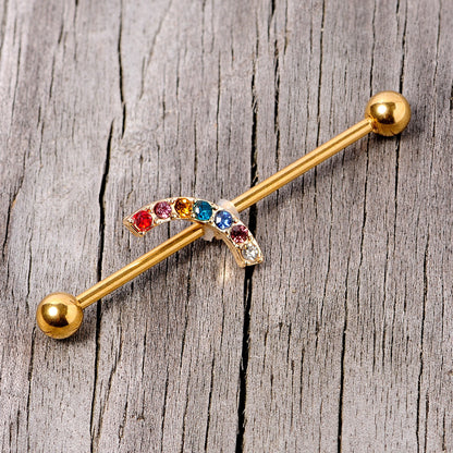 14G Red Blue Gem Gold Tone Rainbow Arc Industrial Barbell 38mm